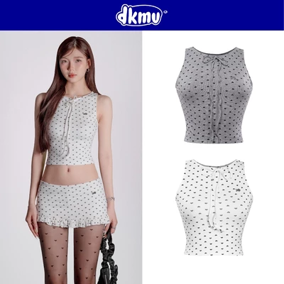 Áo croptop nữ kiểu họa tiết trái tim DKMV buộc nơ thiết kế ba lỗ thun ôm nữ trắng, xám đáng yêu Heart Top | K-SET11-T