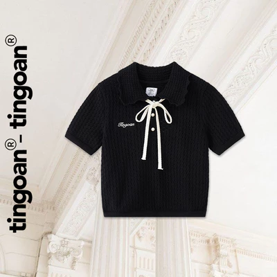 TINGOAN® - Áo len đen vân lỗ phối cổ bẻ dây nơ cổ YOO YOO TOP/BL
