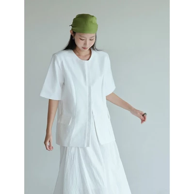 Áo blazer tay ngắn cổ tròn 2 lớp độn vai 𝐒𝐎𝐌𝐒 | 𝐍𝐮𝐭