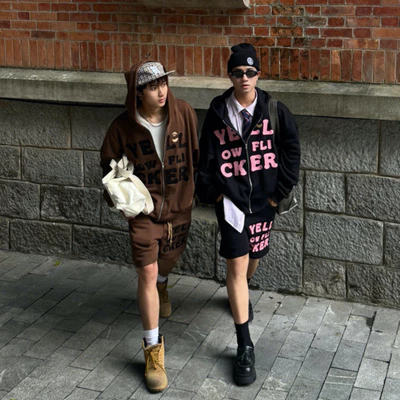 Áo hoodie zip và quần shorts YELLOW FLICKER big logo unisex