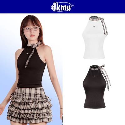 Áo kiểu nữ thắt nơ caro cổ yếm DKMV đáng yêu thiết kế logo inox hình Cá thun ôm dáng Willow Top| K-SET3-T