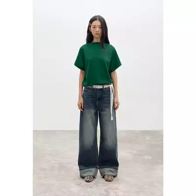 LIBÉ WORKSHOP - Quần jeans ống suông xắn gấu màu wash xanh dương đậm 7205