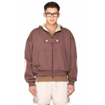 Áo khoác hoodie 2 mặt dây kéo nam nữ dáng ngắn - BEUTER® REVERSIBLE SILK ELBOW PATCH HOODIE - MOCHA
