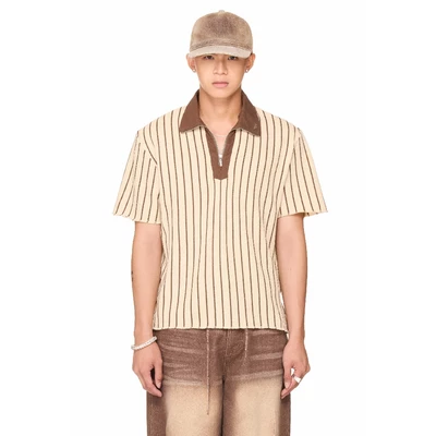 Áo polo sọc khoá kéo form boxy unisex - BEUTER® HALF ZIP STRIPED POLO - BEIGE