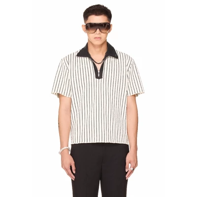 Áo polo sọc khoá kéo form boxy unisex - BEUTER® HALF ZIP STRIPED POLO - WHITE
