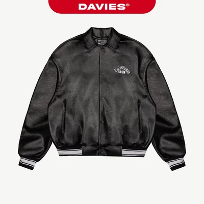 Áo khoác da nam nữ hình thêu nổi DAVIES màu đen form rộng hiphop kèm lót dù Crew Leather Varsity Jacket | D-AK25