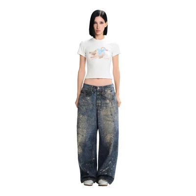 LSOUL Áo Croptop Tay Ngắn In 3D Qiqi Top + Quần Jeans Baggy Họa Tiết Loang Yeom Bottom A25102839