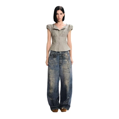 LSOUL Áo Cotton Nữ Cổ Bẻ Tay Phồng Yu Top + Quần Jeans Baggy Yeom Bottom A25102837