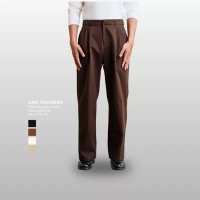 Quần Âu Nam B Brown Vải Kaki Cạp Cao Form Rộng Ống Dài Phủ Giày - B Brown Wide Leg Khaki Trousers
