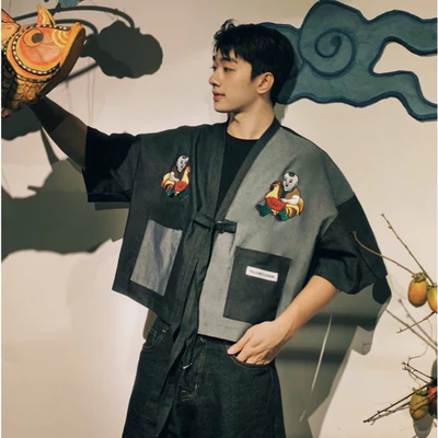 Áo kimono YELLOW FLICKER vải denim họa tiết thêu CHUBEOMGA unisex