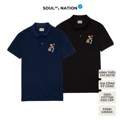 Áo Polo THÊU VIỆT NAM ICONICS, có cổ Basic vải cá sấu Pique Cotton, chỉn chu SOUL OF A NATION - ĐEN/XANH NAVY