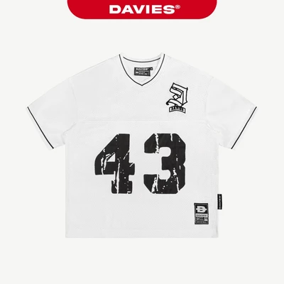 Áo thun Jersey HipHop cổ V DAVIES hoạ tiết hình in số phối logo thêu cách điệu chất thun lưới 43 Crew Tee | D-T34