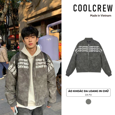 Áo Khoác Da Loang Xám đen nam nữ unisex 𝐂𝐎𝐎𝐋𝐂𝐑𝐄𝐖 da PU in chữ nổi AKD064