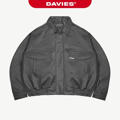 Áo khoác da bomber khóa kéo DAVIES lót dù màu xám logo inox với đường cắt form rộng hiphop Classy Crop Jacket|D-AK19-XC