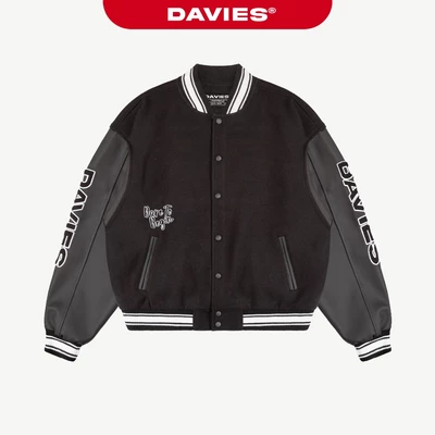 Áo varsity nỉ đen tay phối da nút bấm DAVIES hình thêu nổi cổ phối viền lót dù Statement Bomber Varsity Jacket | D-AK13