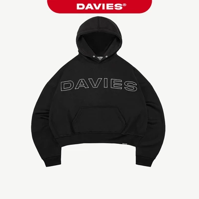 Hoodie mũ to thêu chữ DAVIES nỉ chân cua có túi màu đen form rộng nam nữ Original | D-HD1-D