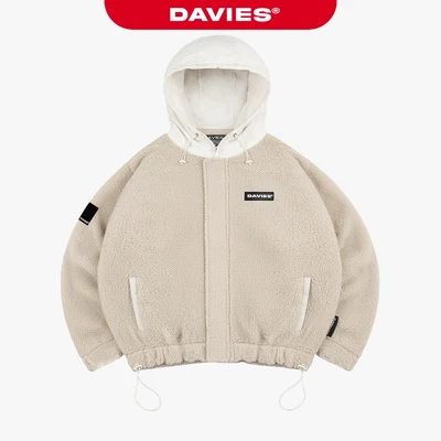 Áo khoác lông cừu có mũ màu be nam nữ DAVIES khóa kéo kèm lót dù form rộng Fleece Hooded Jacket I D35-AK5-B