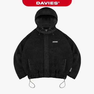 Áo khoác lông cừu nam nữ có mũ DAVIES khóa kéo form rộng có lót dù kèm dây rút màu đen Fleece Hooded Jacket I D35-AK5-D