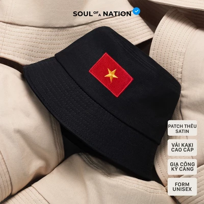 Nón Bucket PATCH THÊU LÁ CỜ VIỆT NAM , vành cụp vải Kaki Cotton 100% cao cấp Kaki Đen/ Kaki Be  - SOUL OF A NATION