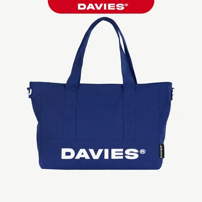 Túi tote có khóa kéo mang hai mặt DAVIES in chữ phối logo inox chất canvas có lót dù màu xanh biển Medium Tote| D-B69-XB