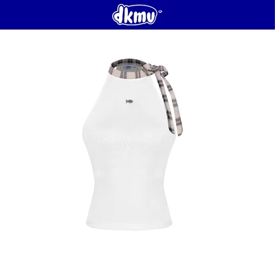 Áo yếm trắng kiểu thắt nơ caro DKMV thiết kế logo inox hình Cá chất liệu thun ôm dáng có khóa kéo Willow Top| K-SET3-T-T