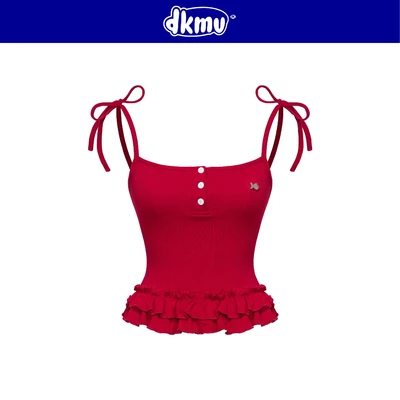 Áo đỏ nữ kiểu 2 dây cột nơ DKMV phối bèo tầng tà áo thiêt kế nút cài và logo con cá inox xinh xắn Rose Top | K-T28-DO