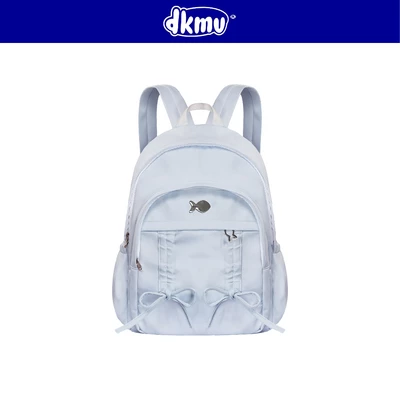 Balo xanh dương pastel nữ kiểu DKMV rút nơ xinh nhiều ngăn đựng laptop 14inch logo inox Cá Bow-tiful Backpack| K-P50-XN