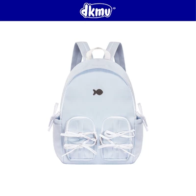 Balo nữ cute túi phối dây rút thắt nơ DKMV nhiều ngăn xanh dương pastel logo cá inox Sweet Bow Backpack| K-P51-XN