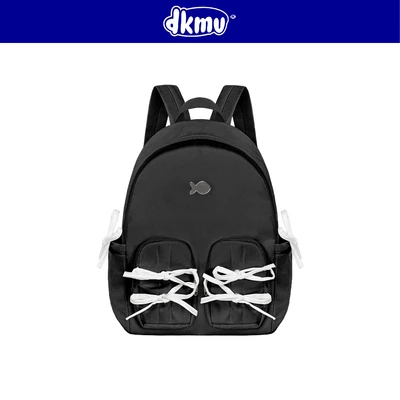 Balo nữ đen kiểu túi phối dây rút nơ DKMV nhiều ngăn đựng laptop 14inch logo Cá inox xinh Sweet Bow Backpack| K-P51-D