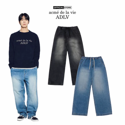 Quần Denim ADLV Full Banding Washing dáng semi-wide fit màu đen/xanh dương - Hàng chính hãng