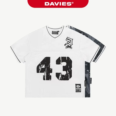 Áo hiphop nam nữ kiểu Jersey DAVIES thun lưới cổ V thiết kế hình in phối logo thêu cách điệu form rộng tay lỡ