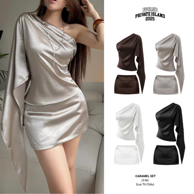[CÓ TÁCH SET] Set Áo lụa Lệch Vai Tay Loe Phối Chân Váy lụa CARAMEL FFCLUB