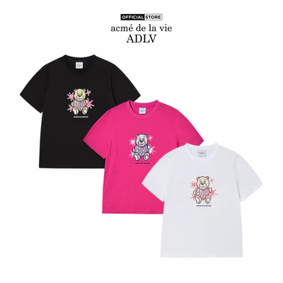 Áo Thun nữ ADLV AC Bear Heart dáng standard màu đen/hồng/trắng - Hàng chính hãng