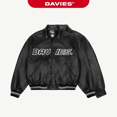 Áo varsity jacket nam nữ vải da DAVIES local brand chống nước màu đen form rộng thêu chữ