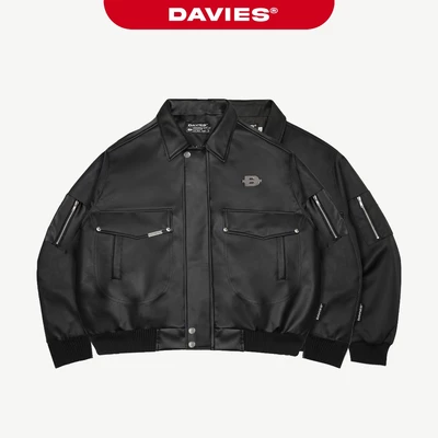 Áo khoác bomber croptop nhiều túi DAVIES logo inox cổ bẻ bo chun dù, da túi hộp tay áo Double Box Bomber Jacket | D-AK8