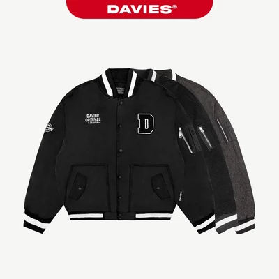 Áo khoác bomber nam nữ form rộng DAVIES local brand vải dù, Kaki, Jean màu đen thêu chữ Khaki Daviesism Jacket I D36-AK6