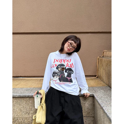 TheGlam CHÍNH HÃNG - Áo Thun Tay Dài Trắng "PUPPY" Raglan UNISEX Form Boxy - Nam Nữ Cotton Cao Cấp - TS05-06