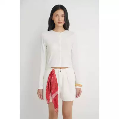LIBÉ WORKSHOP - Áo cardigan thun gân cổ tròn dáng lửng màu trắng 7419