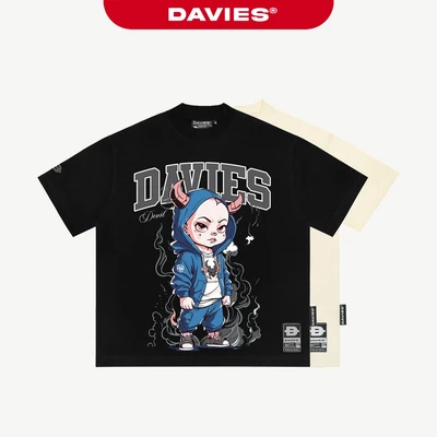 Áo thun in hình chất form rộng DAVIES màu đen, kem nam nữ tay lỡ Hoodlum Devil l D37-T1