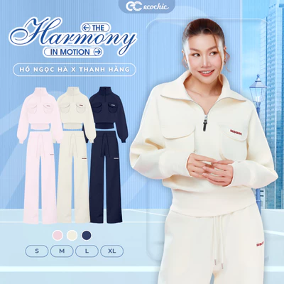 Set Bộ Nỉ Mịn ECOCHIC DYNAMIC EASE Áo Crop Cổ Cao Halfzip Túi Hộp Hai Bên Quần Suông Cao Cấp HNH B201