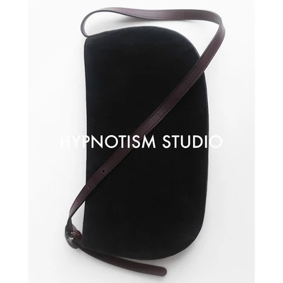 HYPNOTISM | "HALF MOON LEATHER BAG" Túi đeo vai da lộn cao cấp màu đen dây da nâu khoá tròn kim loại unisex