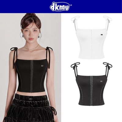 Áo corset 2 dây phối ren dọc thân DKMV dây vai thắt nơ đáng yêu thun 2 da ôm dáng đính logo inox Angel Top | K-T50