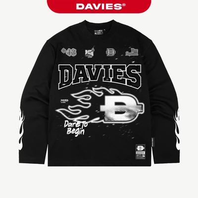 Áo thun tay dài form rộng in hình DAVIES họa tiết trước ngực màu đen cotton Ember Drift Long Sleeve Tee| D-T14