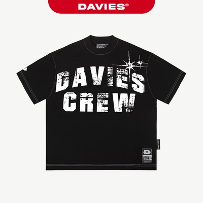 Áo thun form rộng chỉ nổi in chữ DAVIES màu đen nam nữ tay lỡ cotton Highlight Tee| D-T25