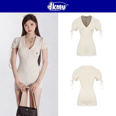 Jump nữ ngắn tay bồng phối ren DKMV kem cổ bẻ tiểu thư phối nút cài thun co giãn ôm dáng đáng yêu Se Na Jumpsuit| K-J1-K