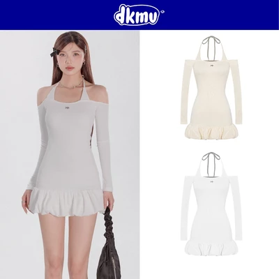 Đầm nữ cổ yếm cột dây trễ vai DKMV váy dáng ôm phối bí dài tay đính logo cá inox xinh xắn Ye Ji Dress | K-D31