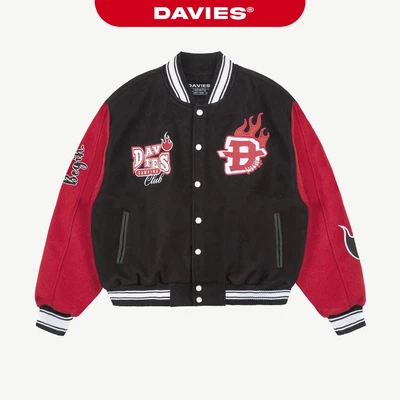 Áo varsity nỉ đen phối tay đỏ DAVIES thêu họa tiết full 2 mặt form rộng nút bấm Camping Club Bomber Jacket| D-AK11