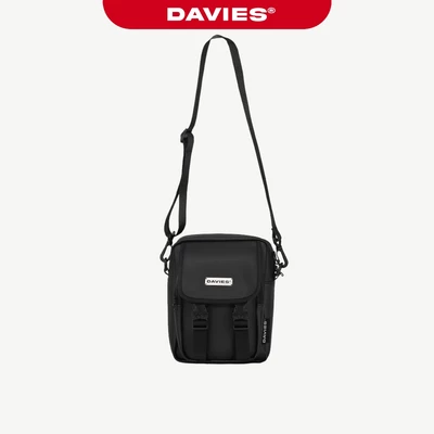 Túi đeo chéo da trơn logo inox DAVIES màu đen kháng nước dây bản to đựng Ipad mini Classy Pocket| D-B55