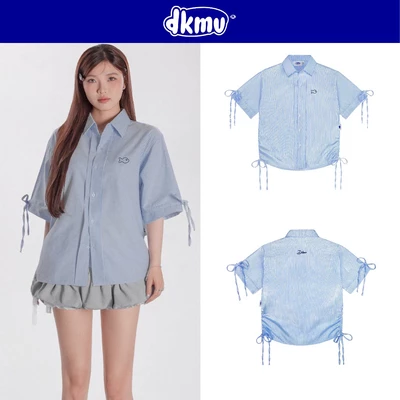 Áo sơ mi sọc nữ tay ngắn màu xanh DKMV thắt nơ thêu logo Cá form rộng tay lỡ đáng yêu Oxford Shirt wth Ribbon| K21-SM1-X