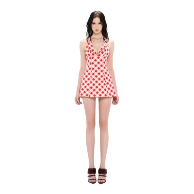 LSOUL - Gunbou Dress Đầm Chữ A Cổ Yếm Họa Tiết Caro Đỏ Cut Out Quyến Rũ V25071679